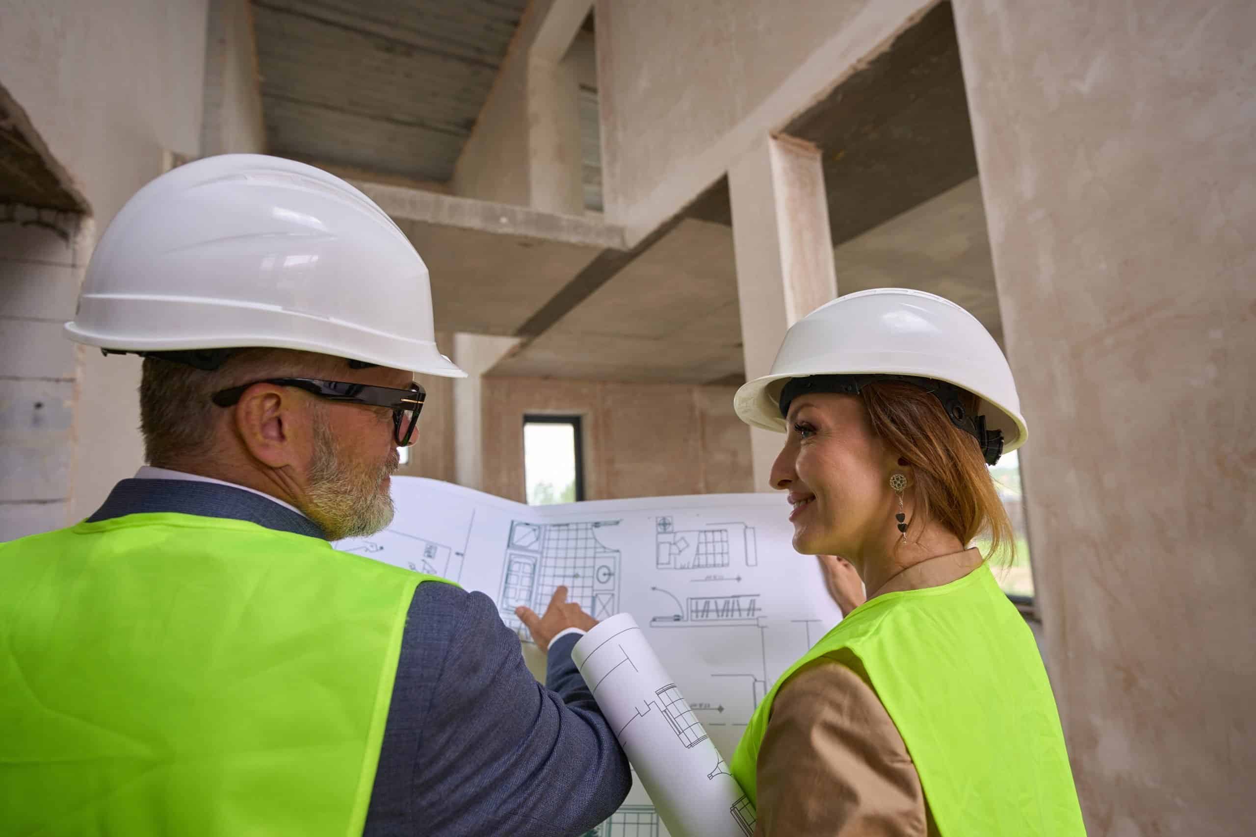 a man and woman wearing hard hats and vests looking at a blueprint